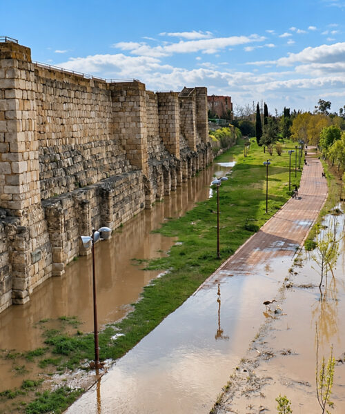 RIO GUADIANA Y GUADIANILLA DESBORDADO JUNTO A LA MURALLA